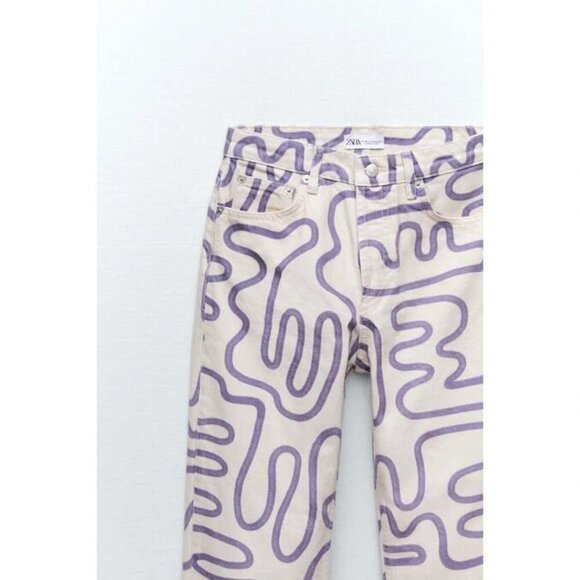 NWOT Zara beige cream & purple swirl graffiti printed straight high waist jeans - Picture 6 of 10